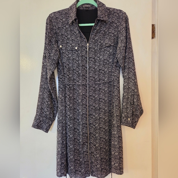 Express Black & White Classic Shirt Dress Long Sleeve Zip Front Tie Waist Small - Picture 3 of 15